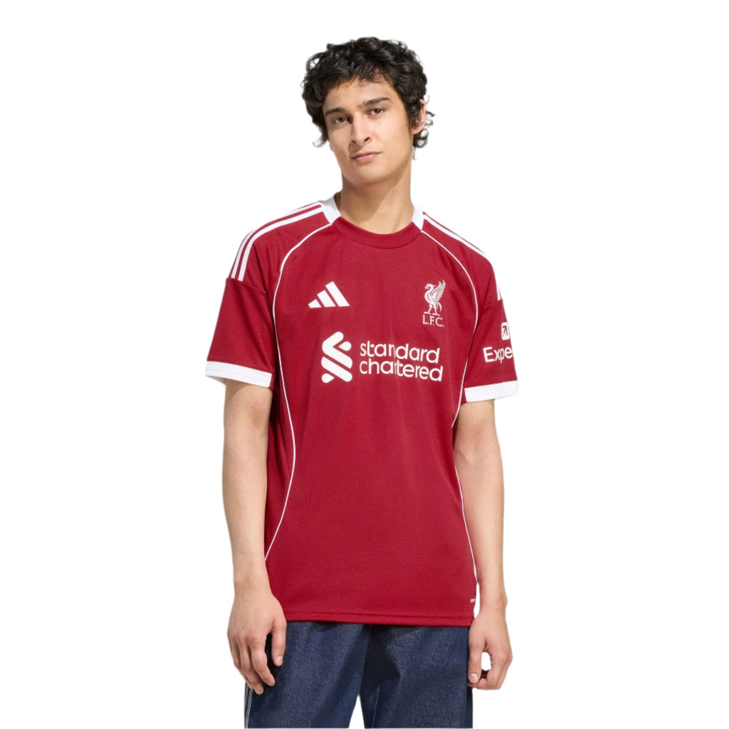 adidas Men's Liverpool Frimpong Home Jersey 25/26 w/ Champions League Patches (Strawberry Red)
