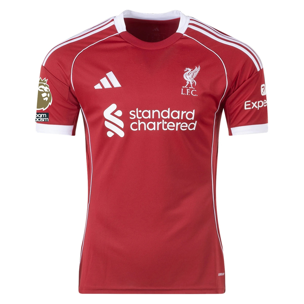 adidas Elliott Men's Liverpool Home Jersey 25/26 w/ NRFR + EPL Champions Patch (Strawberry Red)
