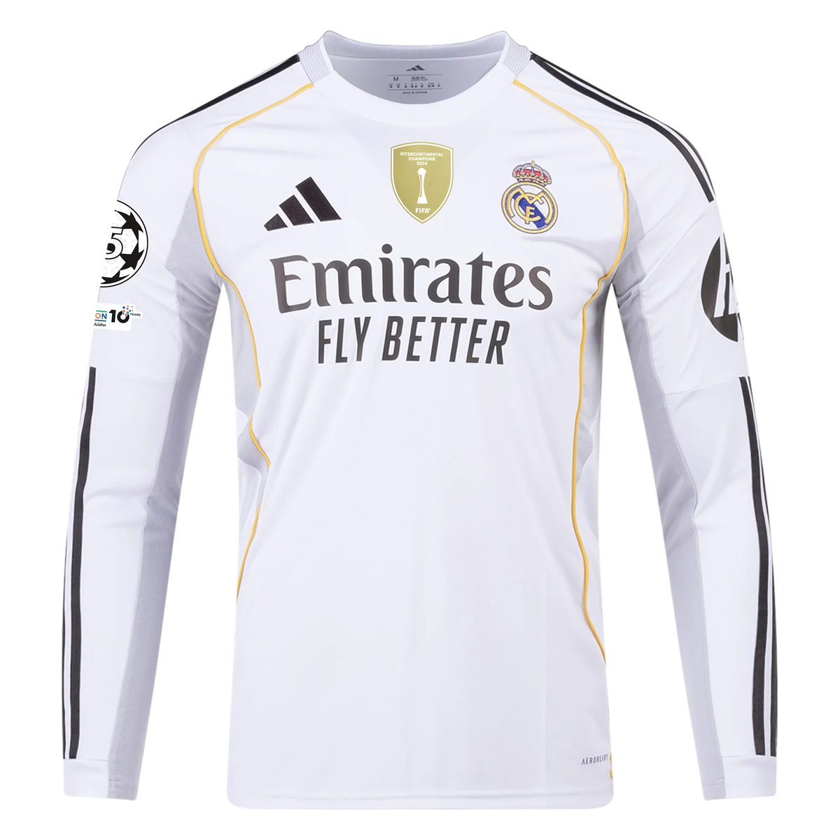 adidas Real Madrid E. Militao Long Sleeve Home Jersey w/ Intercontinental + Champions League Patches 25/26 (White)