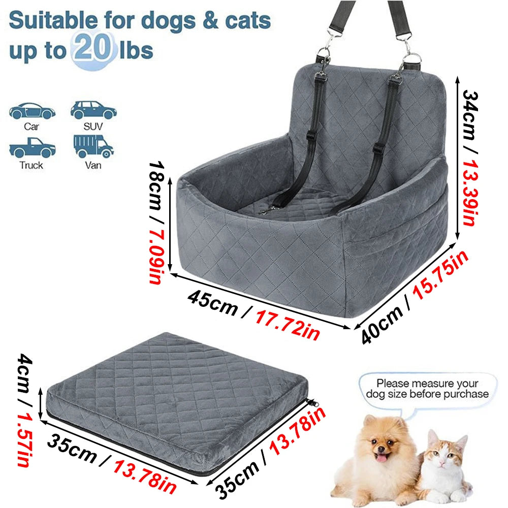 1PC Warm Portable Dog Car Seat for Pet Small Medium Dogs with Washable Cushion Bed Safety Belt Storage Pocket for Outdoor Travel