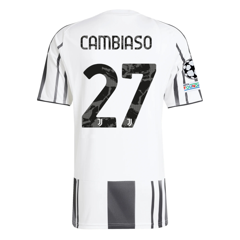 adidas Juventus Cambiaso Home Jersey w/ Champions League Patches 25/26 (White/Black/Pink)