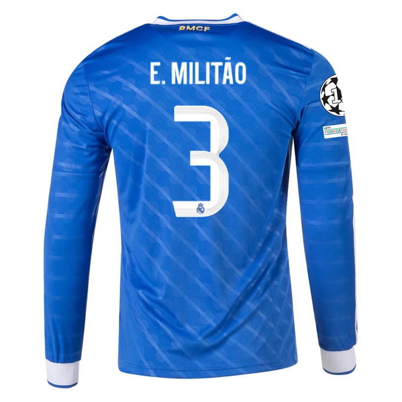 adidas Men's Real Madrid E. Militao Long Sleeve Third Jersey w/ Champions League Patches 25/26 (Blue/White)